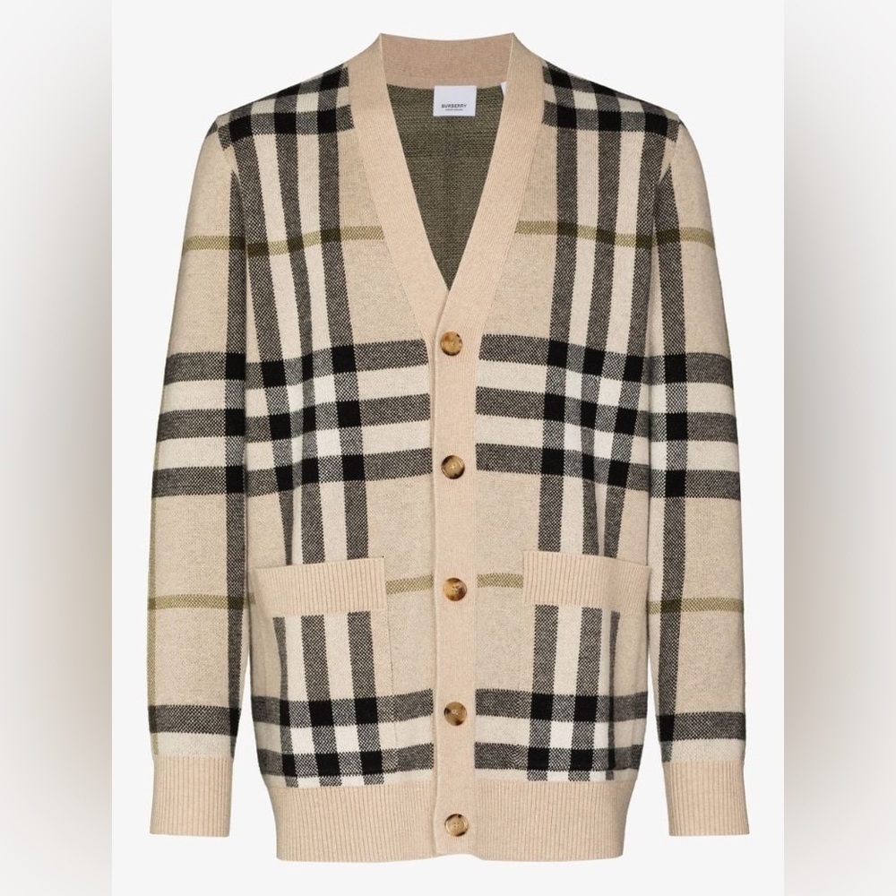Burberry Signature Check Jacquard Cardigan Wool Cashmere in Beige | size L - Picture 3 of 12